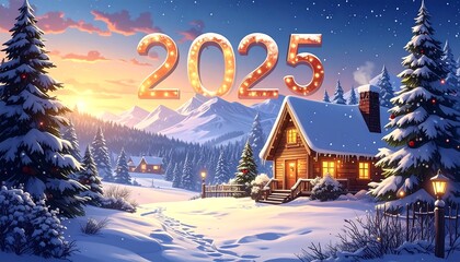 A vibrant illustration of a snow-covered cabin and surrounding landscape with the glowing year "2025" on top