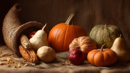 Traditional Thanksgiving Cornucopia Still Life with Harvest Vegetables and Fruits