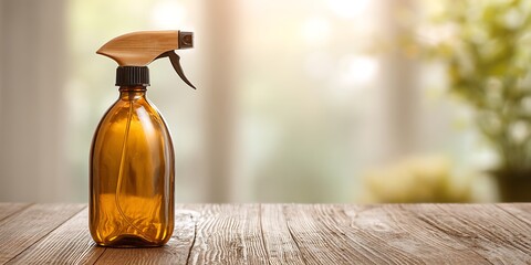 Glass spray bottle on wooden table