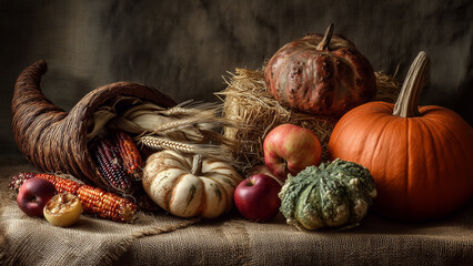 Traditional Thanksgiving Cornucopia Still Life with Harvest Vegetables and Fruits