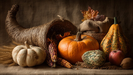 Traditional Thanksgiving Cornucopia Still Life with Harvest Vegetables and Fruits