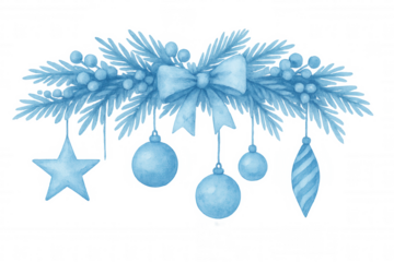 Winter blue watercolor christmas wreath border with pine branches, berries, baubles, star ornament, and ribbon bow, transparent background