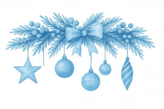 Winter blue watercolor christmas wreath border with pine branches, berries, baubles, star ornament, and ribbon bow, transparent background