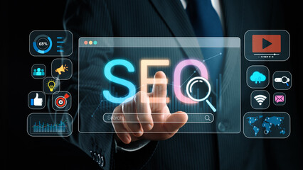 SEO concept for improving SEO visibility, with SEO related digital tools and SEO performance icons shown in an focused layout for strategic marketing. Elide