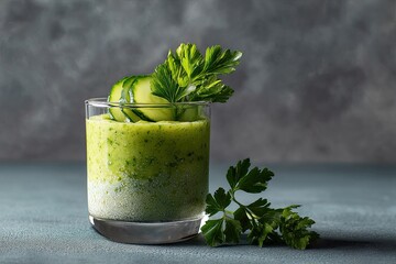 Chilled cucumber mint and avocado gazpacho in a glass cup, with parsley garnish