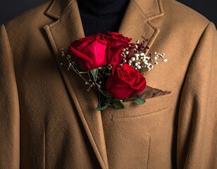 A camel coat with red roses