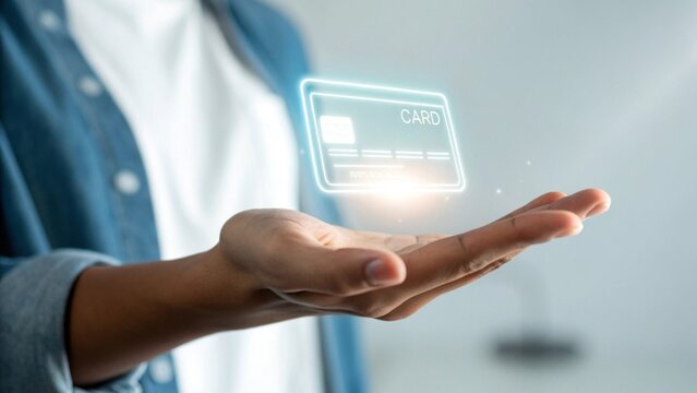 Futuristic banking event closeup of a hand holding a glowing holographic credit card in a modern digital environment
