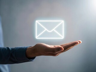 Hand holding glowing holographic envelope icon symbolizing communication digital environment closeup view futuristic concept