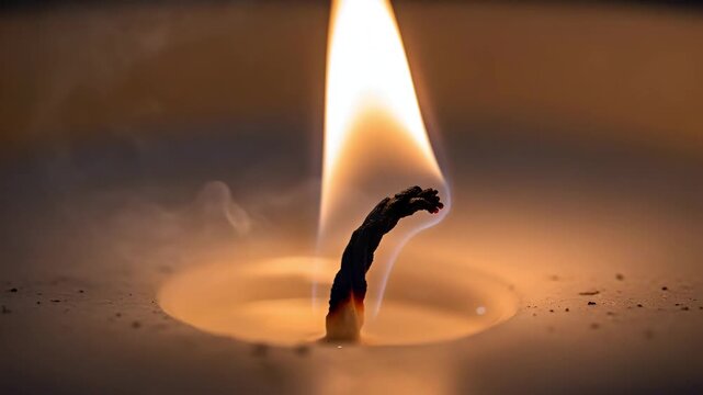 A closeup of a burning candle wick with smoke rising in a dark setting