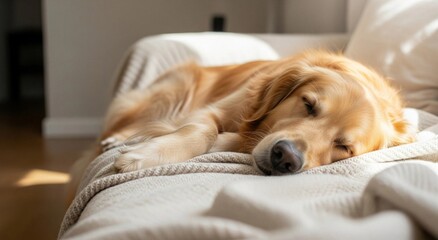 Sleeping Golden Retriever on Couch in Cozy Home Environment - Lifestyle Photography
