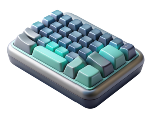 Isometric view of a small custom mechanical keyboard with blue and green keycaps for gamers and programmers 3d illustration isolated on transparent background