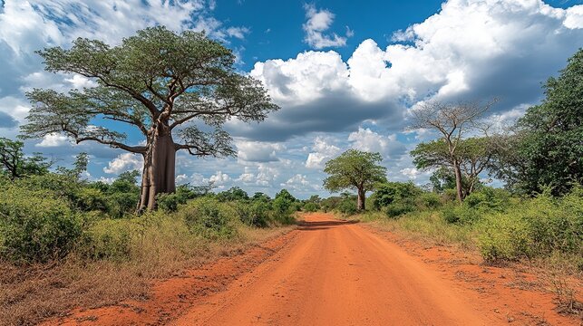 A group of towering baobab trees against a backdrop of a red earth road, blue sky, and white clouds