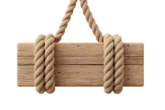 Rustic wooden signboard with thick rope hanging on black background, cut out