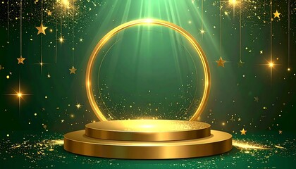 Golden podium with green backdrop