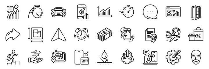 International flight, Shopping and Seo phone line icons pack. Share, Message, Paper plane icons. Car, Time management, Open door web icon. Phone calendar, Timer, Kpi pictogram. Vector