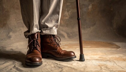 Elegant Brown Leather Boots and Walking Cane for Seniors.