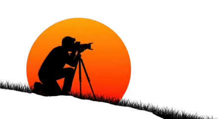 Silhouette photographer captures stunning sunset with professional camera and tripod isolated on transparent background