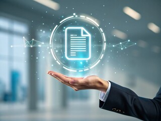 Hand holding glowing holographic document icon business environment digital file content softly detailed background futuristic viewpoint innovative concept
