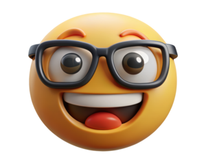 Joyful nerd emoji character with glasses expressing happiness and excitement for communication or social media use 3d illustration isolated on transparent background