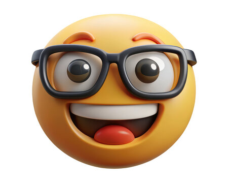 Joyful nerd emoji character with glasses expressing happiness and excitement for communication or social media use 3d illustration isolated on transparent background - Powered by Adobe