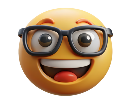 Joyful nerd emoji character with glasses expressing happiness and excitement for communication or social media use 3d illustration isolated on transparent background