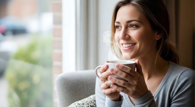 Woman Enjoying Coffee at Home, Indoor Lifestyle, Soft Natural Light