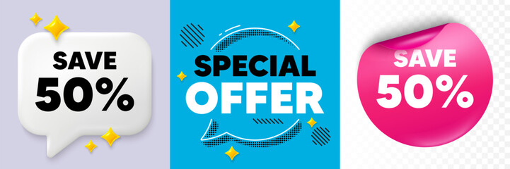 Discount speech bubble. 3d sparkles chat, Paper sticker. Save 50 percent off tag. Sale Discount offer price sign. Special offer symbol. Special offer bubble. Halftone dots pattern. Vector