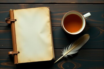 An old book, feather quill, and tea cup on a wooden surface create a warm, nostalgic scene.