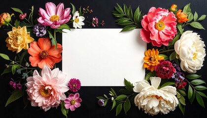 Vibrant Floral Frame with Blank White Card for Text or Design.