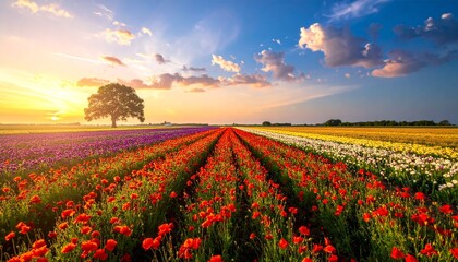 Vibrant Sunset Over Colorful Flower Field Peaceful Landscape.