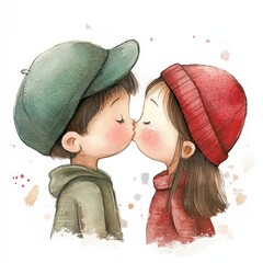 Cute cartoon illustration of two children kissing, in watercolor clip art style in pastel colors