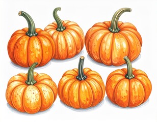 Six Orange Pumpkins with Green Stems in a Close Group on White Background