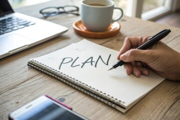 Writing the word plan with a black pen on a white notebook on a wooden desk home office setting notebook and pen in use