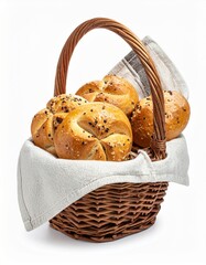 Wicker Basket Filled with Sesame Seed Kaiser Rolls on White Background