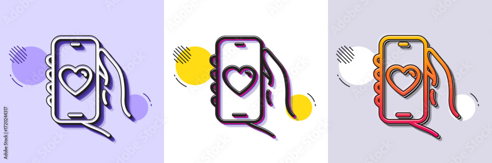 Wall mural dating app line icon. halftone dotted pattern. gradient icon with grain shadow. hand hold phone sign