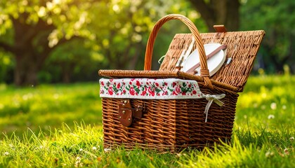 Sunny Picnic Basket in Lush Green Park Ready for a Relaxing Outdoor Meal.