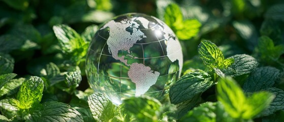 Transparent globe on fresh green mint leaves representing global environmental conservation. Earth day. 