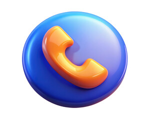 Naklejka premium Orange phone receiver icon on blue glossy button for call services 3d illustration isolated on transparent background