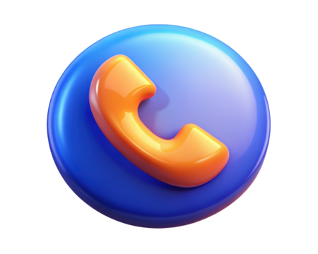 Orange phone receiver icon on blue glossy button for call services 3d illustration isolated on transparent background