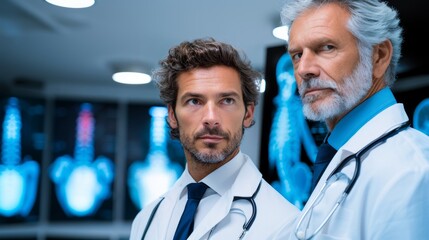 Fototapeta premium Two male doctors in hospital setting analyzing medical scans on digital display. Medical professionals in white coats with stethoscopes analyzing radiology scans in hospital environment. 