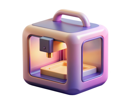 Pink and purple cartoon 3d printer model rendered with golden nozzle and handle 3d illustration isolated on transparent background