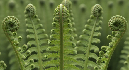 Fototapeta premium Natural fractal patterns in fern unfolding, recursive self-similarity, mathematical beauty in nature, green vegetation, computational art meets organic forms, 4K detailed render