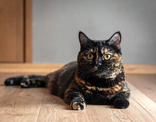 A cat lying on a wooden floor