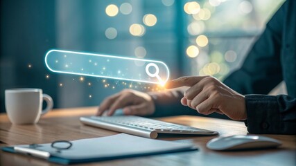 Hand interacting with glowing holographic search bar above desk closeup focus on technology modern workspace digital interaction