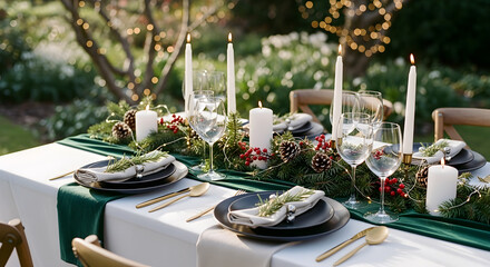 Christmas table setting, new year festive dining outdoors in a garden restaurant, christmas decorations, banquet, candles and lights, elegant table layout with fir tree branches and berries.