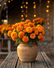 Vibrant orange marigolds arranged in a rustic clay vase on a weathered wooden table capturing the essence of natural beauty