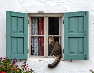 A cat peering from a window