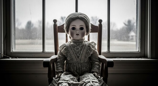 Creepy doll sitting on a chair. Perfect for Halloween designs, horror movie posters, haunted house ads, or eerie book covers. Dark, unsettling and vintage feeling.