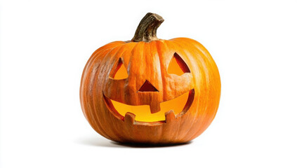 Illuminated carved jack-o'-lantern pumpkin on a white background.
