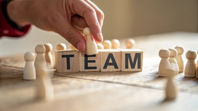 Closeup of human hand arranging wooden figures around team blocks soft warm light blurred neutral background concept of collaboration